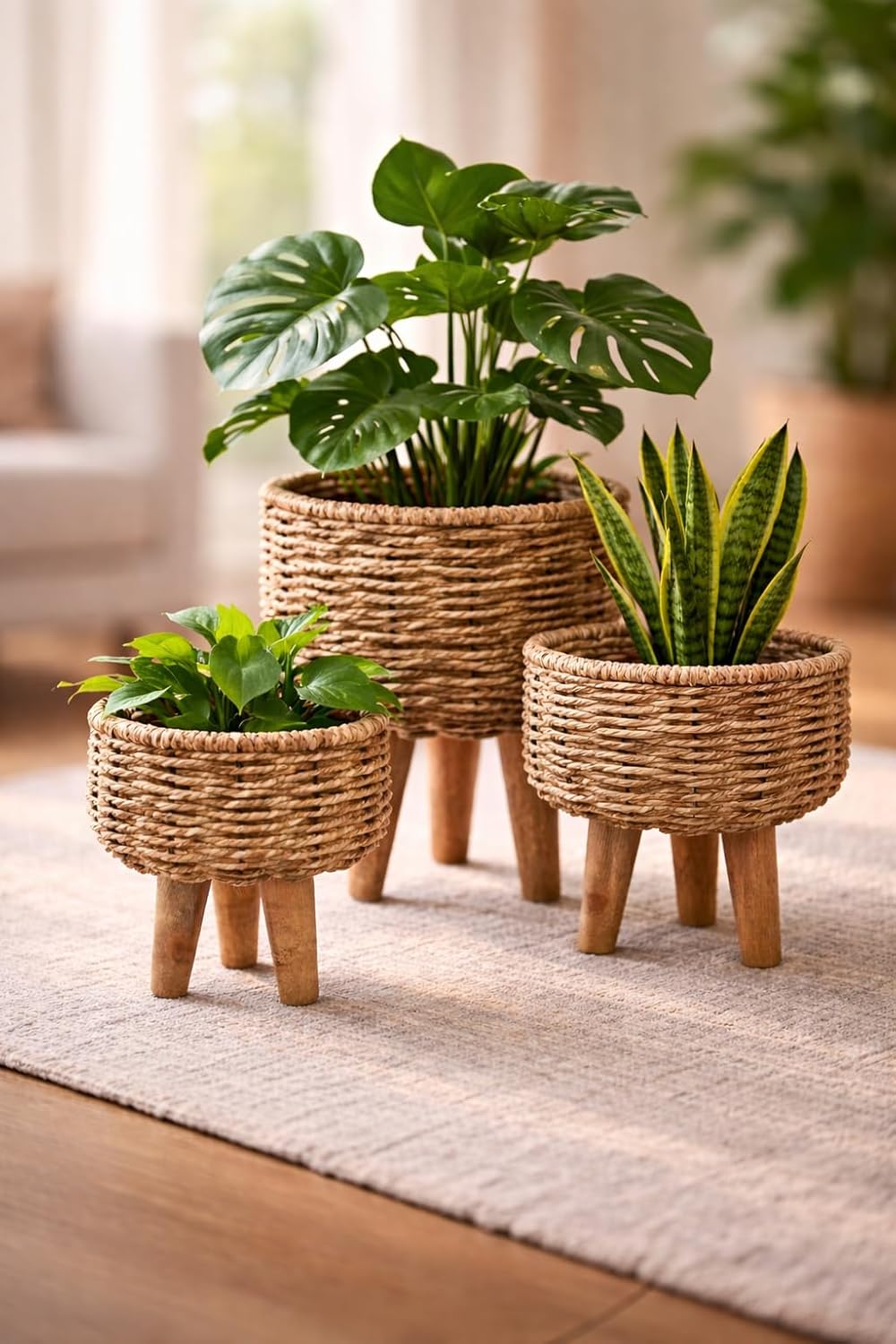 Handmade Jute Planter Set of 3 | Handwoven Joot Planter with Wooden Stand | Eco Friendly Indoor Outdoor Flower Pot | Decorative Home Décor Basket Planters