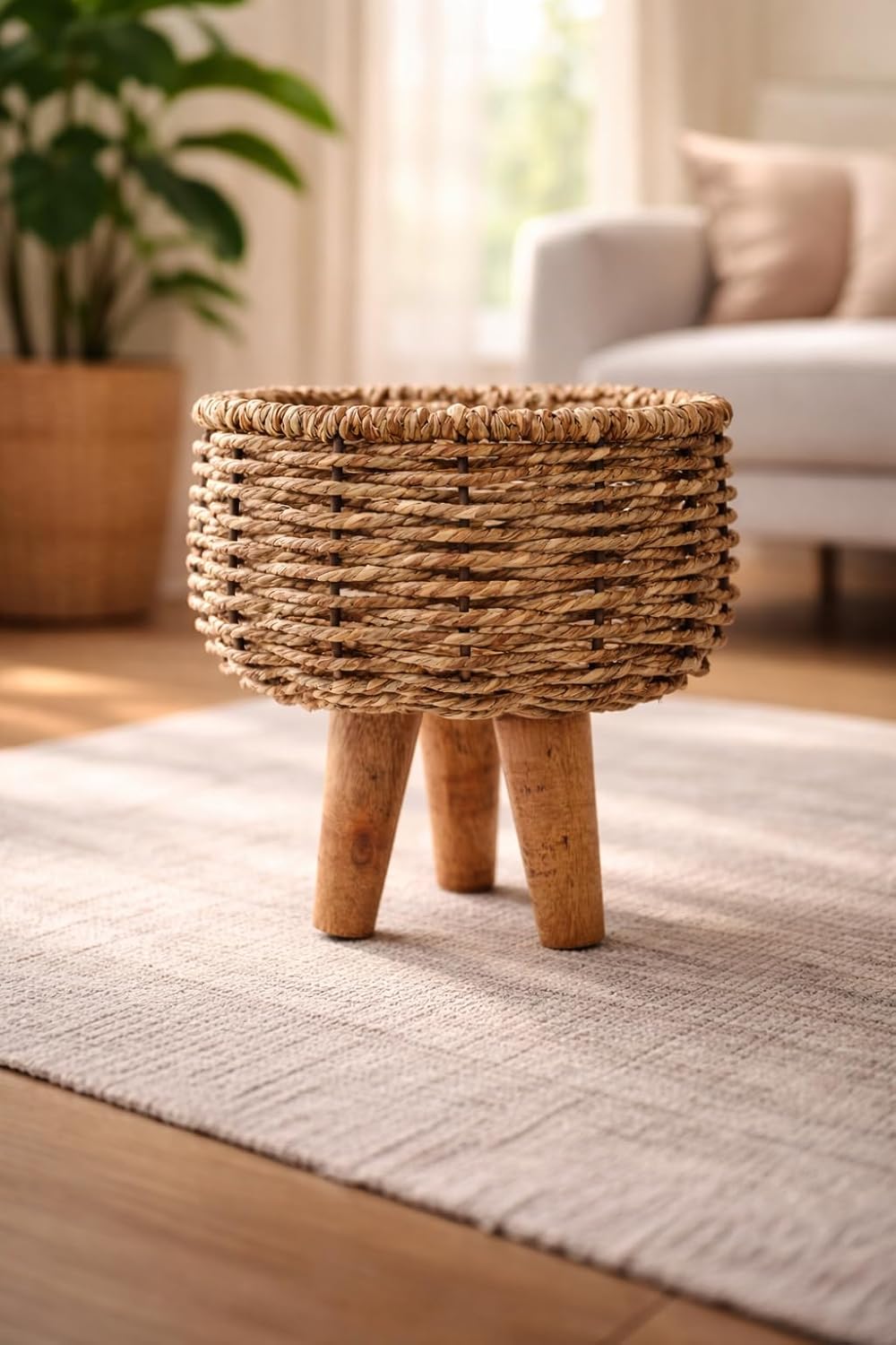 Handmade Jute Planter Set of 3 | Handwoven Joot Planter with Wooden Stand | Eco Friendly Indoor Outdoor Flower Pot | Decorative Home Décor Basket Planters