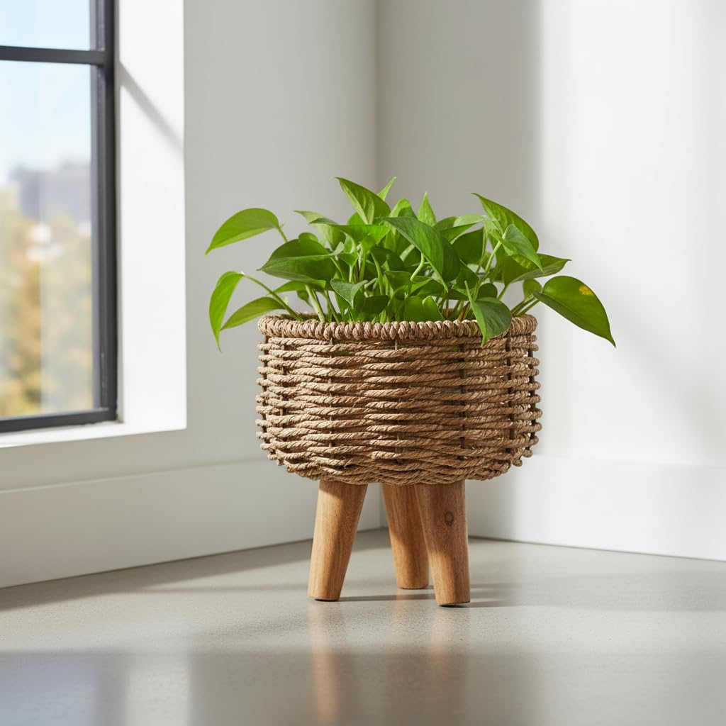 Handmade Jute Planter Set of 3 | Handwoven Joot Planter with Wooden Stand | Eco Friendly Indoor Outdoor Flower Pot | Decorative Home Décor Basket Planters