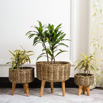 Handmade Jute Planter Set of 3 | Handwoven Joot Planter with Wooden Stand | Eco Friendly Indoor Outdoor Flower Pot | Decorative Home Décor Basket Planters