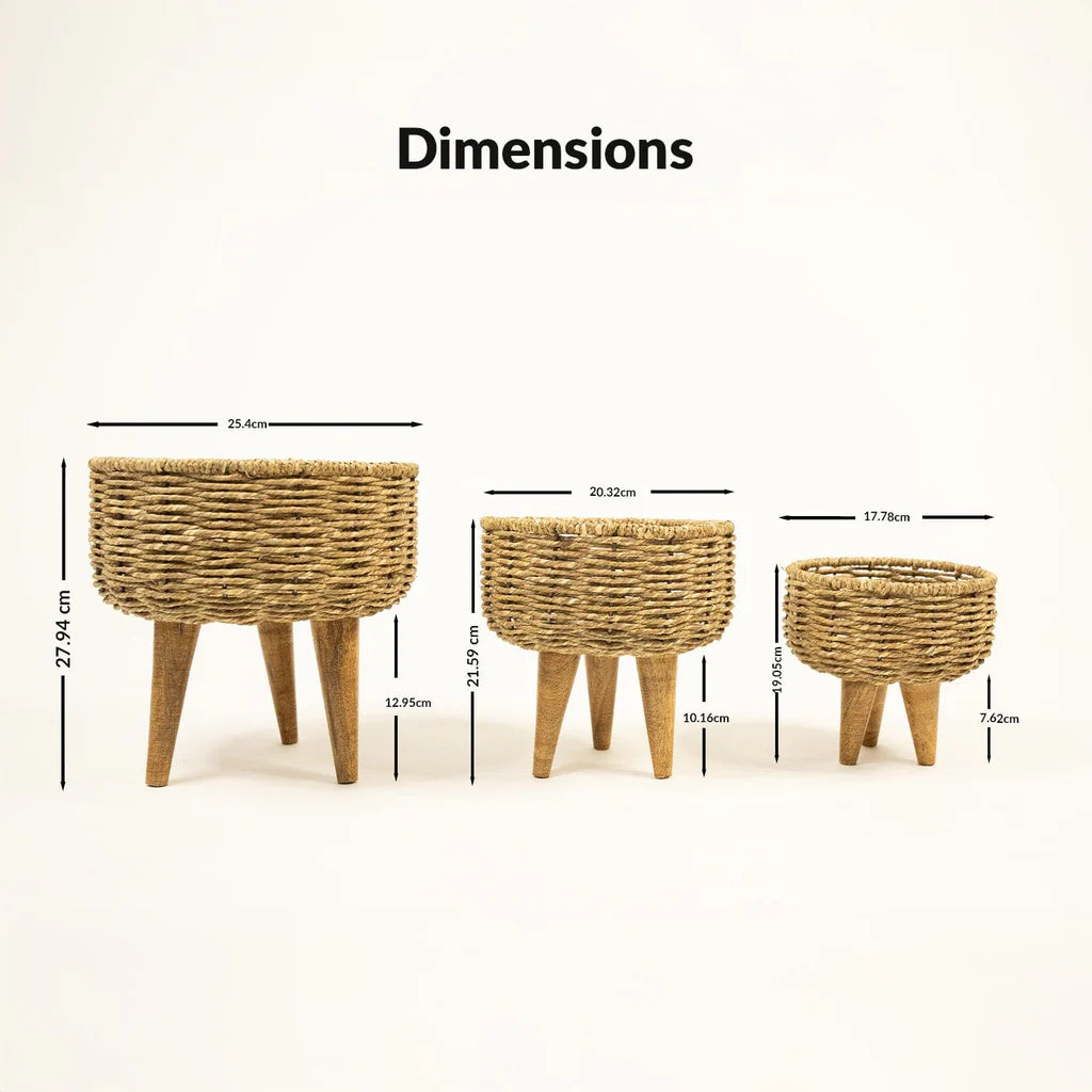 Handmade Jute Planter Set of 3 | Handwoven Joot Planter with Wooden Stand | Eco Friendly Indoor Outdoor Flower Pot | Decorative Home Décor Basket Planters
