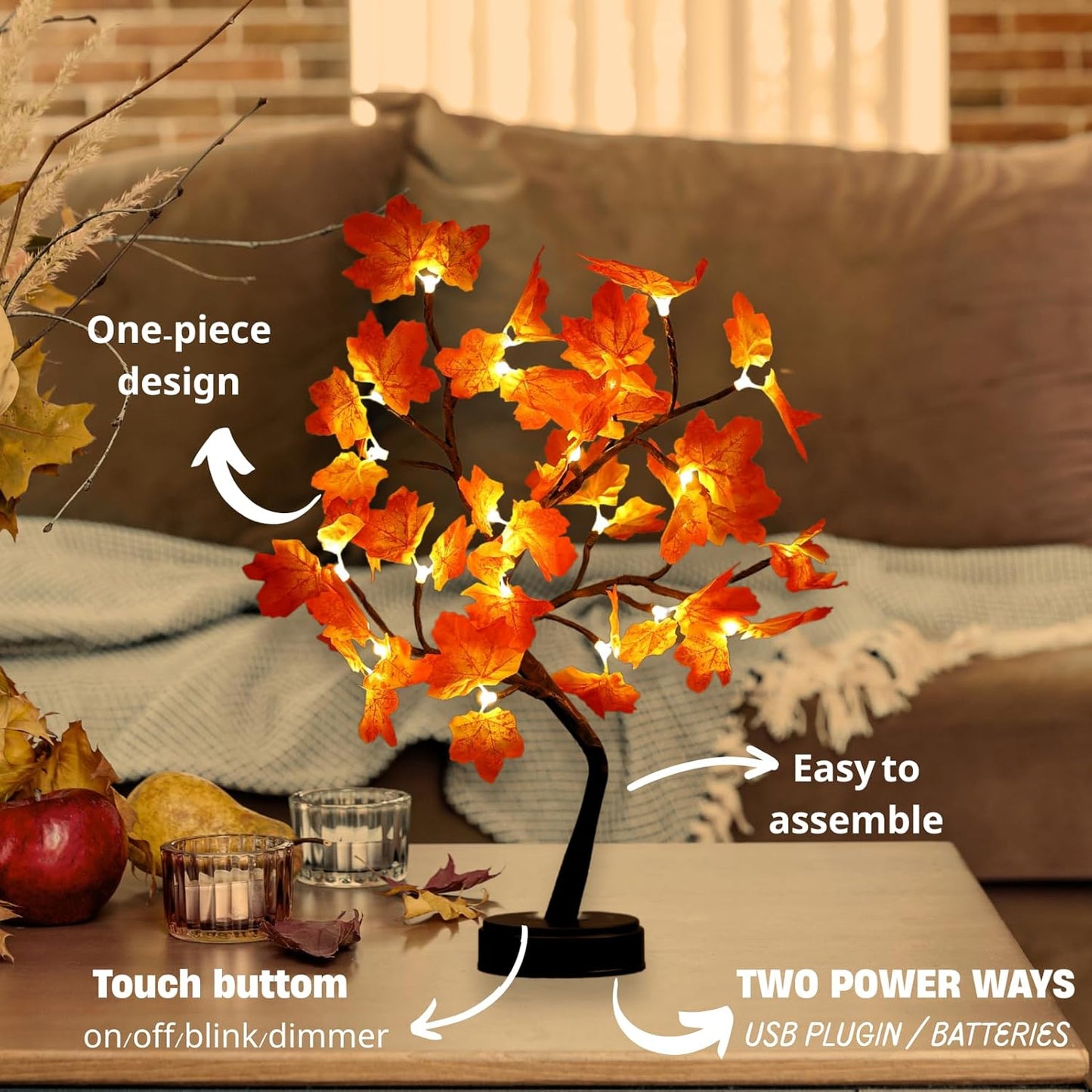 Autumn Light Tree | LED maple leaf lamp | New Modern LED Christmas Tree Light Cherry Blossom Peach Blossom Butterfly Orchid Touch Control USB Powered Battery Lamp 2700K